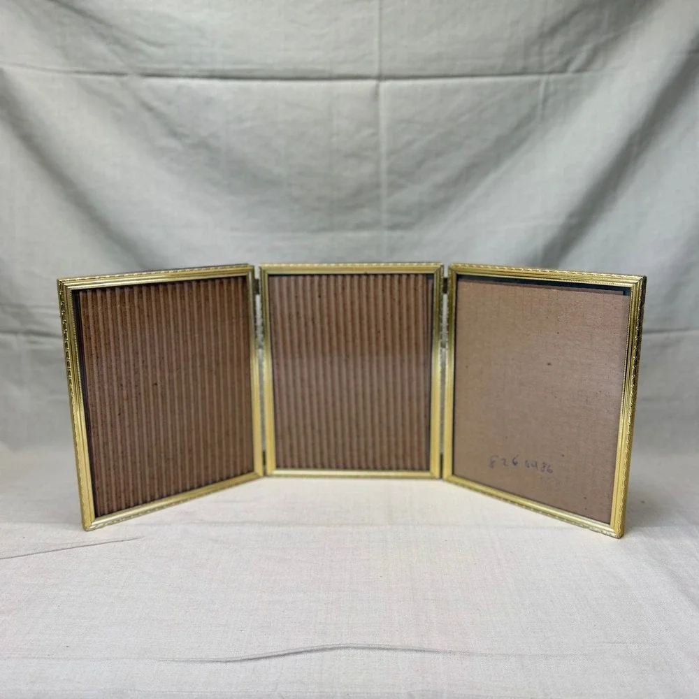 Vintage Brass Triple Folding Picture Frame Gold Tone Tabletop Display 1960s